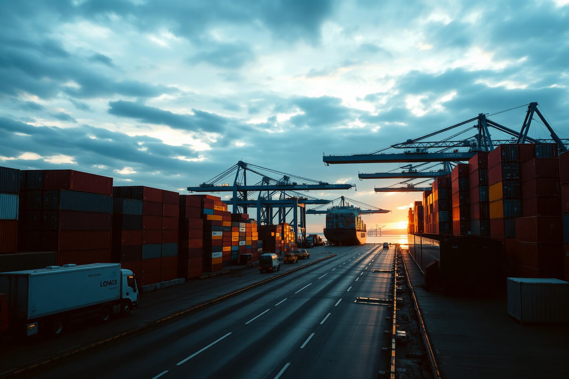 Porto internacional com contentores e navios de carga